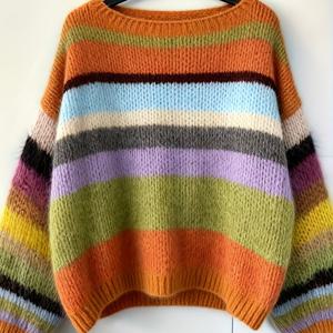 TEMU 여성용 터키석 블루 & 멀티컬러 가로 줄무늬 플러시 스웨터 - 오버사이즈 라운드 넥 겨울 따뜻한 코트, 부드러운 파스텔 색상 (핑크/베이지/라벤더) - 가을 & 겨울 레이어링용 손세탁 가능한 포근한 스웨터