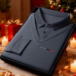 TEMU 남성용 페이크 투피스 셔츠 칼라 니트웨어, 밀라노 레터 프린트 디자인의 비즈니스 캐주얼 패치워크 탑. 다양한 색상으로 제공됩니다. 회색과 금색의 대비되는 칼라와 커프스, 심플한 단색 디자인입니다.