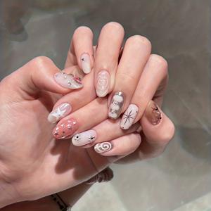 TEMU 10개입 핸드메이드 아몬드 프레스온 네일 - 광택감 숏/미디엄 길이 여성용, 귀여운 네일아트 데일리웨어, 파티, 프롬, 생일 선물 - 핸드 & 풋 매니큐어/페디큐어