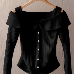 TEMU 여성용 우아한 긴팔 튜닉 탑 - 버튼 앞면의 구조적인 라운드넥 블라우스, 캐주얼 및 포멀 의상에 적합한 올 시즌 레이어링 셔츠