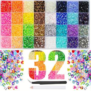 TEMU 32색 올인원 베다즐러 라인스톤 키트 (픽업 펜 & 핀셋 포함) - 3mm 플랫백 AB 코팅 레진 젬스 DIY 공예, 네일 아트, 옷, 신발, 텀블러용 - 블링 베다즐링 용품 (32구획 박스)