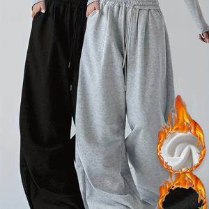 TEMU 2개 세트, 기모 안감 여성용 캐주얼 스포츠 롱 팬츠 (탄성 허리 밴드, 드로스트링 포켓, 루즈하고 심플한 와이드 레그 디자인, 단색 기모 작업 바지)|스포츠|냉장고바지|바지