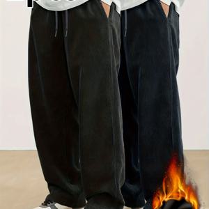 TEMU 2개 남성용 코듀로이 캐주얼 바지 | 레그 루즈핏, 탄성 허리 밴드 및 드로스트링, 사이드 포켓, 미드 웨이스트, 여행 및 파티에 적합, 편안한 플리스 안감, 튼튼한 원단