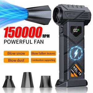 TEMU 3-in-1 150,000 RPM 초강력 차량 터빈 에어 블로워 | 눈 제거, 먼지 제거, LED 라이트 및 디스플레이가 있는 드라이어용 미니 컴프레서, 100단계 속도 조절, 390g, 브러시리스 모터, 2x3000mAh 충전식 배터리, ABS, USB 충전