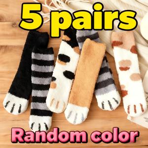 TEMU 여성용 코랄 플리스 양말 랜덤 3/5켤레, 겨울용 두꺼운 따뜻한 플러시 잠옷 양말, 귀여운 고양이 발바닥 디자인, 편안하고 스타일리시한 플로어 삭스