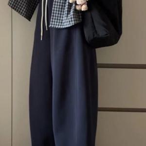 TEMU 네이비 블루 풍선 와이드 레그 팬츠 여성 가을 신상 하이웨이스트 루즈핏 미국식 스웨트팬츠 슬리밍 마체테 스포츠 시카모어 팬츠