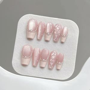 TEMU 10개 수제 핑크 물방울 펄 체인 모양, 부드럽고 달콤한 고양이 눈 프렌치 웨어 네일, 데일리 데이트 및 축제에 적합, 중간-긴 탈부착 가능 인조 네일, 네일 매니아에게 완벽, 여성 및 .에게 훌륭한 선물|네일|DIY|네일팁