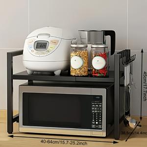 TEMU 2단 전자레인지 랙 - 6개 후크가 있는 공간 절약형 수직 주방 정리대, 스테인리스 카운터탑 선반, 전자레인지 보관용, 도구 및 병용, 견고한 금속 파이프 설계, 현대적인 주방 용품, 내구성 있는 구조, 방청 소재, 가정 요리사용, 서서 사용 가능한 선반