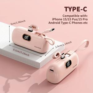 TEMU 5000mAh 미니 캡슐 파워뱅크 (Type-C: 1입력, 1출력 포트, 내장 Type-C 케이블(랜야드 겸용), 전원 표시기), 초소형, 일상 출퇴근 및 야외 여행에 최적. Type-C 기기용 설계: iOS, Android 등|보조배터리