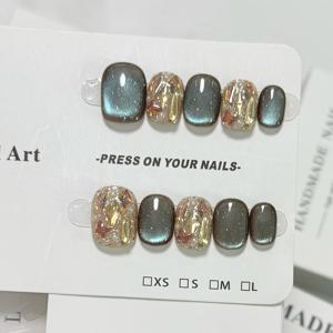 TEMU 10개입 청록색 고양이 눈 펄 장식, 데일리용 짧은 사각 인조 네일, 가을/겨울용 새로운 단색 디자인, 피부톤에 어울림, 여성용, 보관 상자 포함.|네일아트|네일팁