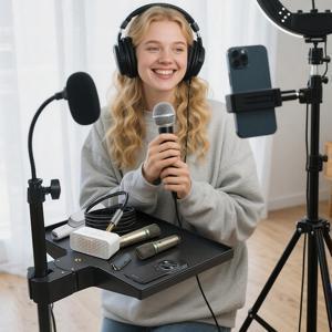 TEMU 튼튼한 A-프레임 디자인과 하단 선반을 갖춘 조절 가능한 헤비 듀티 마이크 스탠드 - 견고한 구조, 컴팩트하고 안정적인 베이스로 제작되어 스튜디오, 팟캐스트, 노래방, 라이브 스트리밍에 적합 - 마이크, 노트북과 호환 가능