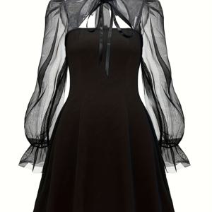 TEMU 여성용 우아한 빈티지 스타일 블랙 A라인 드레스, 스탠드업 칼라 & 리본 디테일 - 메쉬 패널 밑단, 신축성 좋은 원단, 봄/여름/가을용 기계 세탁 가능, 긴 소매 드레스, 정장 의상, 레트로 시크, 섬세한 공예