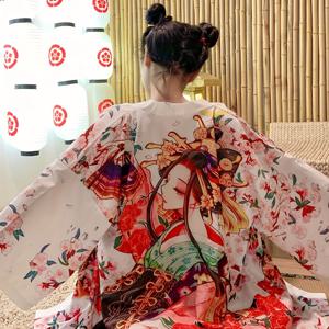 TEMU 생동감 있는 일본 빈티지 애니메이션 코스프레 기모노 가디건 - 꽃무늬 경량 여름 비치 커버업, 3/4 소매, 폴리에스터, 루즈핏, 우아한 전통 스타일, 애니메이션 의상