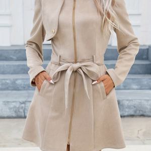 TEMU 여성용 우아한 베이지 코트 - 중동 스타일 라운드넥 트렌치코트, 프론트 지퍼 & 리본 디테일, 세탁기 사용 가능 봄/가을 아우터웨어, 캐주얼 및 포멀 착용, 세련된 디자인