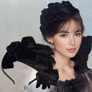 TEMU 여성용 빈티지 벨벳 보우 헤어밴드 - 섬세한 디테일이 있는 부드러운 블랙 새틴 헤어 액세서리, 결혼식, 파티 및 공식 행사용 우아한 헤어밴드, 웨딩 헤어 액세서리 | 여성스러운 패션 | 러플 디자인, 머리에 착용하는 리본