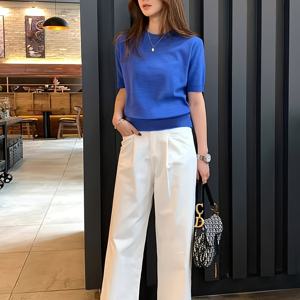 TEMU 하프 하이 칼라 반팔 탑, 신상 여성 여름 스타일, 패셔너블 미디넥, 베이스 레이어, 가벼운 루즈핏, 반팔 셔츠.