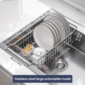 TEMU 실리콘 손잡이가 달린 접이식 스테인리스 스틸 싱크대 배수 랙, 확장형 식기 건조대, 주방 싱크대 액세서리용 다기능 수납 정리함, 그리고 한국 스타일 접이식 배수 바구니.|식기건조대|식기건조기