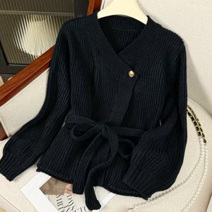 TEMU 여성용 라운드넥 웨이스트 타이 가디건, 가을/겨울 시즌에 완벽하며, 세련되고 성숙한 매력을 발산합니다.