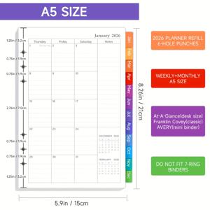 TEMU 2026년 주간 및 월간 플래너 리필 1개, 플래너 삽입지, 2026년 1월부터 12월까지 범위, 탭이 있는 12개의 월간 캘린더 포함, 6홀 또는 7홀 펀칭 포맷으로 제공, A6, A5에 적합|A4용지