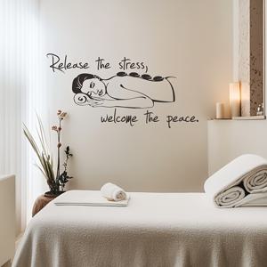 TEMU 마사지 스파용 비닐 벽 스티커 - 여자가 편안하게 있는 아트워크, '스트레스 해소, 평화에 안착' 문구 포함 - 트리트먼트 룸, 마사지 룸, 미용실 또는 스파 장식에 적합.