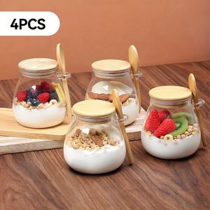 TEMU 11.96oz 유리컵, 오버나이트 오타밀 컵 세트 1/2/3/4pcs, 샐러드 볼, 오타밀 용기, 뚜껑과 스푼 포함 식사 준비용 컨테이너, 치아씨드, 푸딩, 요거트 용기