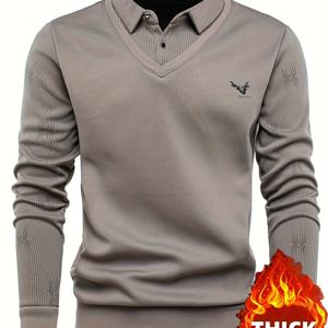 TEMU 남성용 새로운 가을/겨울 골프 셔츠. 플리스 안감과 페이크 투피스 조끼 디자인, 가슴에 라인스톤 레터 장식, 고급스러운 안감으로 제작되었습니다. 일상적인 외출에 적합하며 부드럽고 따뜻하며 캐주얼 웨어로도 활용하기 좋습니다.