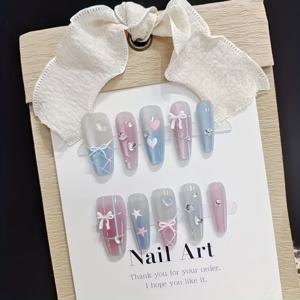 TEMU 귀여운 요정 스타일의 10개 세트, 파란색과 분홍색의 컬러 블록 인조 손톱, 리본과 하트 디자인, 수공예. 심플하고 트렌디한 디자인, 작은 라인스톤 장식, 데일리 학생 네일 아트에 완벽.