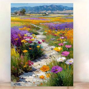 TEMU 1개 액자형 캔버스 벽걸이 아트 - 야생화 길 풍경 그림, 생동감 넘치는 보라색, 분홍색, 노란색, 주황색, 라벤더, 초록색 - 거실, 침실, 사무실용 자연 장식품 - 12x16인치(30x40cm), 고급 인쇄물, 평면 2D 디자인, 실내 인테리어 소품, 방 꾸미기에 완벽한 조용한 풍경