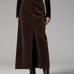 TEMU 여성용 우아한 미디 길이 H라인 코듀로이 스커트, 사이드 슬릿, 하이웨이스트 빈티지 코듀로이 스커트 (포켓, 탄성 허리 밴드), 솔리드 브라운 색상, 가을/겨울 출퇴근 및 캐주얼 웨어, 캐주얼 드레스 | 빈티지 스타일 S