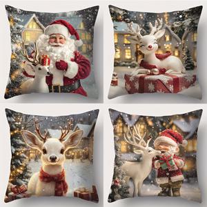 TEMU 코zy 중세 스타일의 , 사슴, 눈이 내린 마을 장면이 있는 축제 분위기의 크리스마스 베개 커버 4개 세트. 부드러운 폴리에스터 소재, 지퍼 디자인, 세탁기 사용 가능, 거실 및 사무실 장식에 완벽. Ide