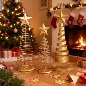 TEMU 3개 골든 미니 크리스마스 트리 세트 - 안정적인 받침대가 있는 스타일리시한 탁상 장식품, 병 모양의 클래식 센터피스, 집, 사무실 및 파티를 위한 정교한 장인 정신 - 기쁜 집 장식, 전원 필요 없음, 크리스마스 장식