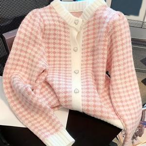 TEMU 여성용 소프트핑크 Hostooth 가디건 - 화이트버튼, 라운드넥 롱슬리브 블레이저형 자켓 (분홍/흰색 Hostooth) / 사계절 & 겨울철에 어울리는 캐주얼&포멀룩 | Elegant H-Line Silhouette, Front Button Closure, 고급스러운 수제작품