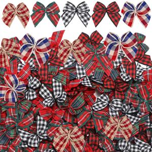 TEMU 120개 미니 체크 리본 보우 대량 팩 - 5가지 타탄 패턴 (빨강/초록/검정/흰색) 1인치 DIY 크래프트 보우, 크리스마스 트리 장식, 선물 포장, 웨딩 파보어, 스크랩북용 - 5가지 스타일 각 24개, 내구성 좋은 리본