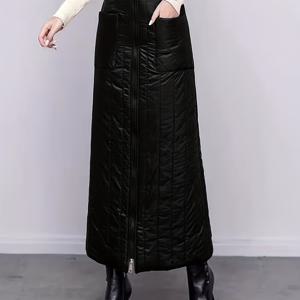 TEMU 여성용 우아한 보온 겨울 드레스 - 전체 길이 하운드투스 패널 스커트 (무지 패턴) | 허리 조임 벨트 스타일 랩 아라인 스커트 | 파티 및 정장 이벤트용 세탁 가능한 코트 스타일 스커트 (단색)