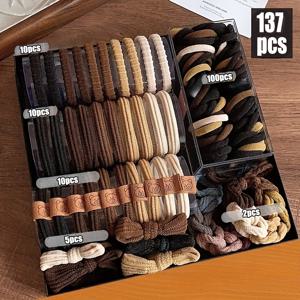 TEMU 137피스 여성용 헤어 타이 세트 - 고탄력 내구성 헤어 밴드, 멀티컬러 포니테일 홀더 & 헤어 링, 브레이드, 번, 비치, 파티, 여행용 - 일상용 헤어 액세서리 대량 패키지, 선물 세트
