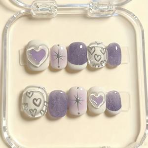 TEMU 10개 세트 핸드메이드 가을/겨울 INS 스타일 도파민 메탈릭 스위트-쿨 프레스온 네일 세트, 여성 파티를 위한 완벽한 선물