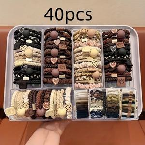 TEMU 40개 스타일 헤어 타이 세트 - 달콤하고 귀여운 팔찌 스타일 탄성 헤어 타이, 하트와 해피 페이스 장식, 머리카락에 부드럽고 일상 사용에 완벽한 포니테일 헤어 타이