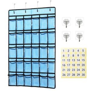 TEMU 교실 문 뒤에 걸 수 있는 30칸 휴대폰 보관 가방 1개, 30개의 투명 포켓이 있는 교실 휴대폰 계산기 보관 가방, 1-30 숫자 스티커 포함, 스테인리스 스틸 후크 4개 및 스티커 후크 4개 (블랙 / 블루 / 베이지 / 핑크)|계산기|핸드폰가방