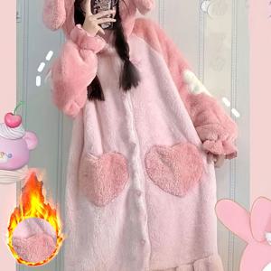TEMU 여성용 귀여운 토끼 후드 슬립 로브 - 포켓이 있는 플러시 코랄 플리스 겨울용 파자마 드레스, 집에서 편안한 사계절 라운지웨어 및 휴식용, 편안한 플러시 소재