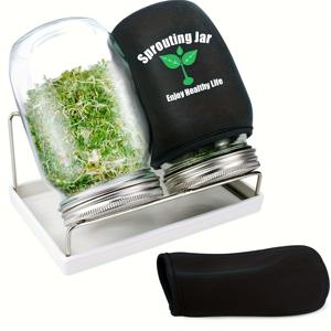 TEMU 스프라우팅 자르 키트 - 와이드 마우스 쿼터트 메이슨 병 32온스 (316 스테인리스 스크린 뚜껑 포함) + 트레이 & 스탠드 + 캔닝 브러시 씨앗 발아기 세트