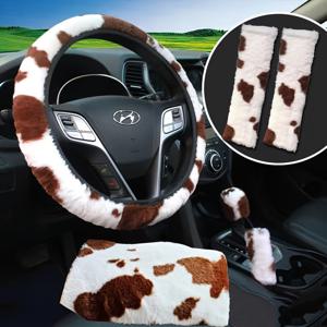 TEMU 6pcs 겨울 신차 핸들 커버 갈색 소무늬 플러시 암레스트 박스 쿠션, 핸들 커버, 어깨 커버, 내부 링 없는 신축성 밴드