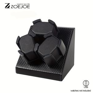 TEMU 1개 ZOEJOE 시계 자동 회전기 박스, 자동 시계용 3개의 회전기, 남녀 공용 시계에 적합한 시계 베개, 블랙 카본 파이버 정리 케이스, USB 케이블 전원, 선택된 인조 가죽 재질