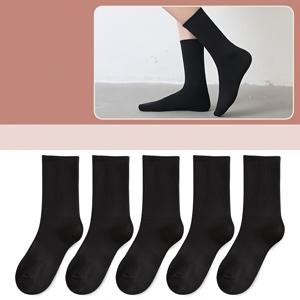 TEMU 여성용 긴 튜브 양말 5켤레, 블랙 앤 화이트, 단색, 활용도 높은 캐주얼 스포츠 양말, 커플에게 적합.