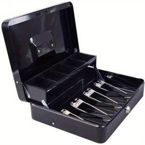 TEMU 12인치 30cm 금속 잠금 가능 현금/돈 상자, 2개의 열쇠, 5개의 구획이 있는 동전 트레이 및 4개의 스프링 클립, 동전 및 지폐 금고, 검정색