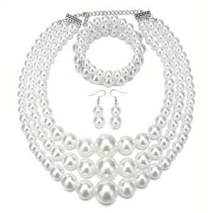 TEMU 3pcs 럭셔리 모조 진주 목걸이 세트, 일상 및 파티 행사용 빈티지 스타일 멀티 레이어 보석, 올 시즌 선물