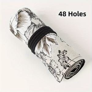 TEMU 창의적인 수제 검은색 모란 롤 필통 (12/24/36/48/72구), 스케치 용품 대용량, 드로잉 색연필 상자, 심플 문구 케이스, 메이크업 브러쉬 보관 가방