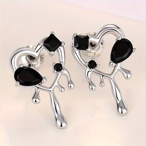 TEMU 1쌍 여성용 고딕 스타일 블랙 합성 지르코니아 불규칙 하트 디자인 귀걸이, 캐주얼 및 할로윈 파티 액세서리