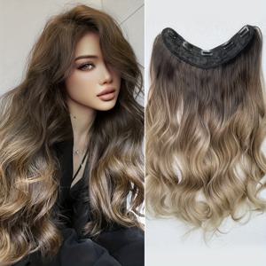 TEMU 24인치 긴 웨이브 곱슬 인조 헤어피스, 블랙-브라운 옴브레 컬러, V자형 클립 헤어 익스텐션용