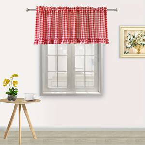 TEMU 클래식 레드 체크 러플 숏 쉬어 보일 발란스, 주방 작은 창문 커튼용, 침실 로드 포켓 커피 하프 커튼으로 적합.