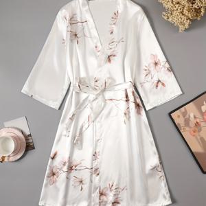 TEMU 여성용 우아한 화이트 꽃무늬 로브 - V넥, 반팔, 가벼운 폴리에스테르, 전년 전월 수면복 및 라운지웨어, 꽃무늬, 가벼운 소재, 3개 사이즈 제공, 꽃무늬 나이트드레스 | 꽃무늬 로브 | 부드러운 빛나는 피니시